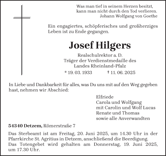 Todesanzeige von Josef Hilgers von trierischer_volksfreund