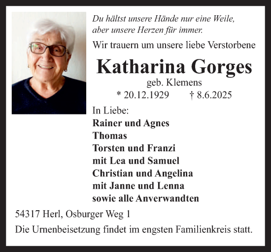 Todesanzeige von Katharina Gorges von trierischer_volksfreund