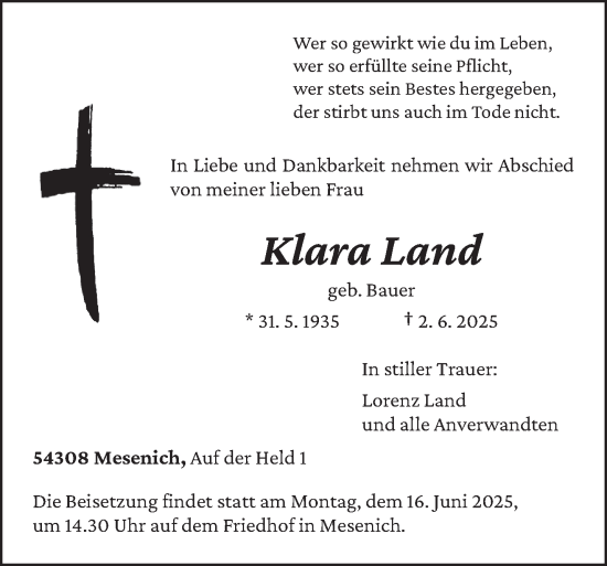 Todesanzeige von Klara Land von trierischer_volksfreund