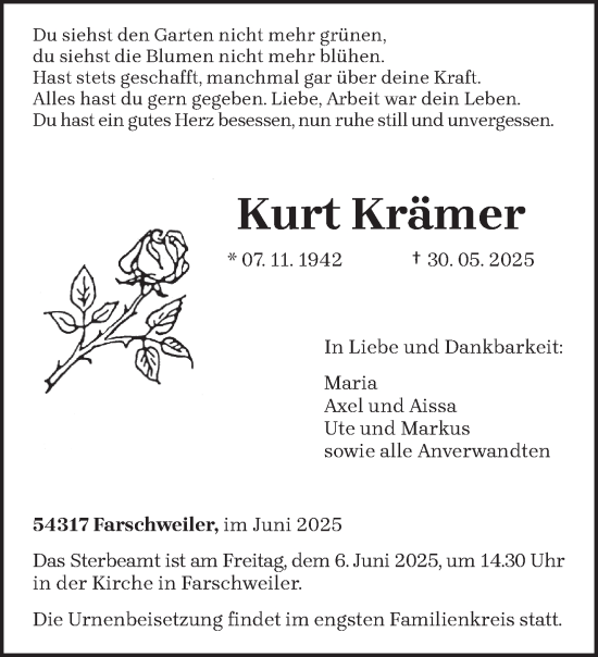 Todesanzeige von Kurt Krämer von trierischer_volksfreund