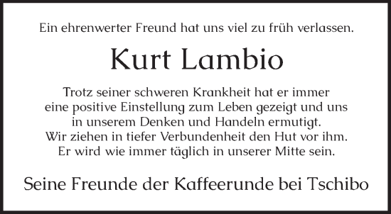 Todesanzeige von Kurt Lambio von trierischer_volksfreund