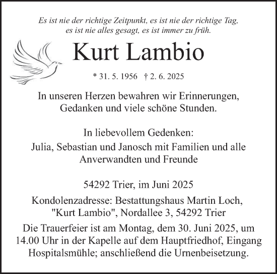Todesanzeige von Kurt Lambio von trierischer_volksfreund