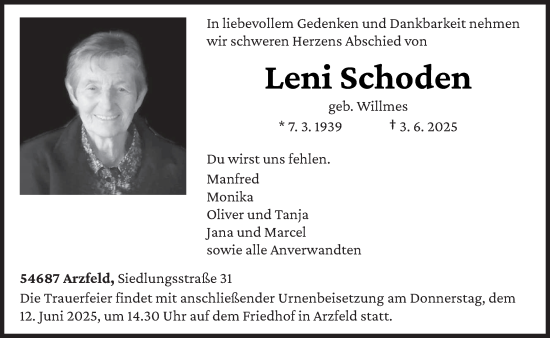 Todesanzeige von Leni Schoden von trierischer_volksfreund