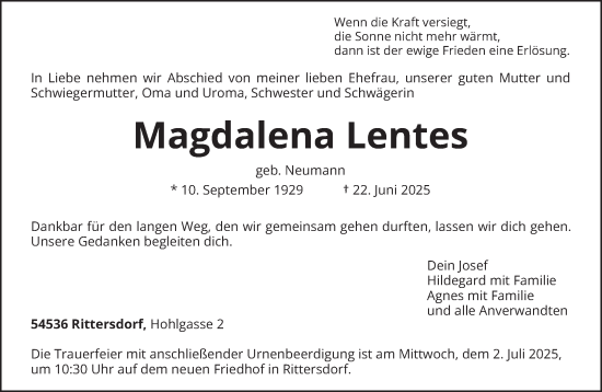 Todesanzeige von Magdalena Lentes von trierischer_volksfreund