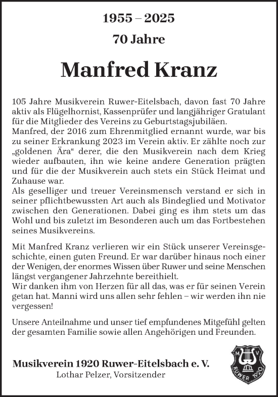 Todesanzeige von Manfred Kranz von trierischer_volksfreund