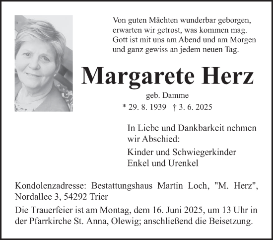 Todesanzeige von Margarete Herz von trierischer_volksfreund