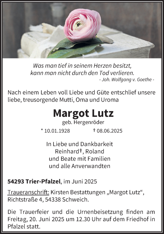 Todesanzeige von Margot Lutz von trierischer_volksfreund