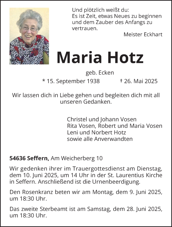 Todesanzeige von Maria Hotz von trierischer_volksfreund