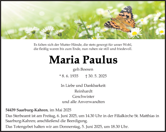 Todesanzeige von Maria Paulus von trierischer_volksfreund