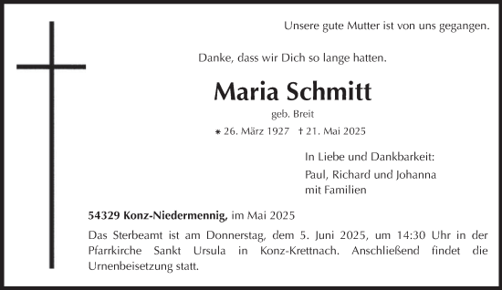 Todesanzeige von Maria Schmitt von trierischer_volksfreund