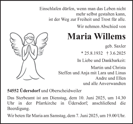 Todesanzeige von Maria Willems von trierischer_volksfreund