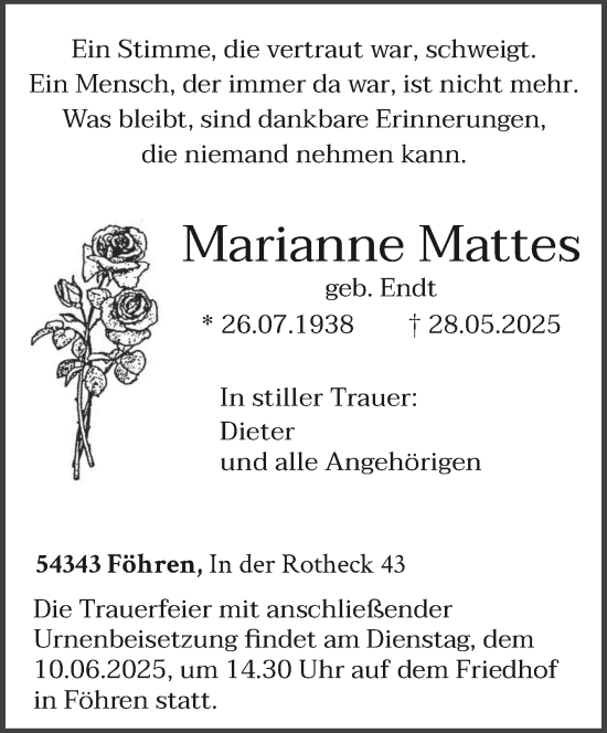Todesanzeige von Marianne Mattes von trierischer_volksfreund