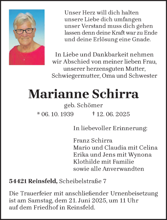 Todesanzeige von Marianne Schirra von trierischer_volksfreund