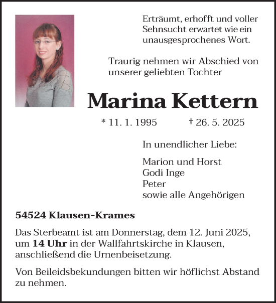 Todesanzeige von Marina Kettern von trierischer_volksfreund