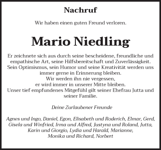 Todesanzeige von Mario Niedling von trierischer_volksfreund