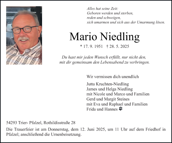 Todesanzeige von Mario Niedling von trierischer_volksfreund