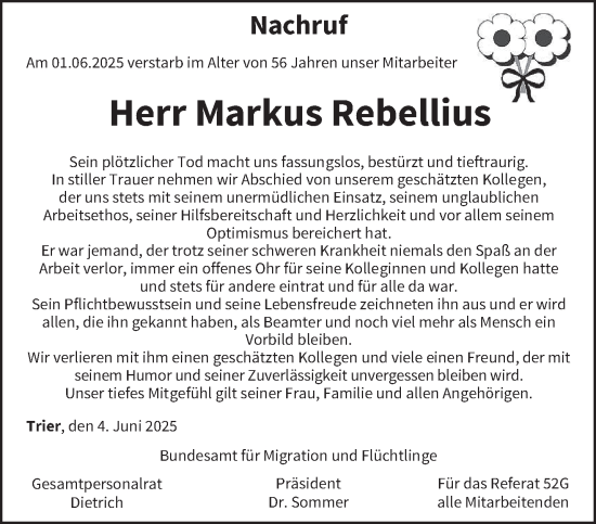 Todesanzeige von Markus Rebellius von trierischer_volksfreund