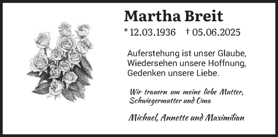 Todesanzeige von Martha Breit von trierischer_volksfreund