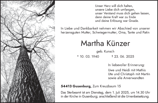 Todesanzeige von Martha Künzer von trierischer_volksfreund