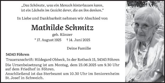 Todesanzeige von Mathilde Schmitz von trierischer_volksfreund