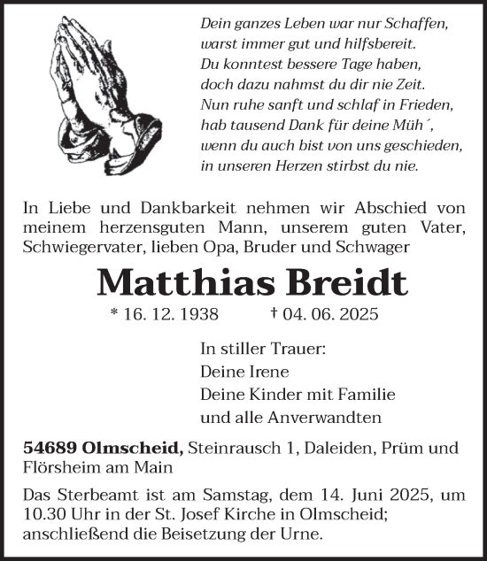 Todesanzeige von Matthias Breidt von trierischer_volksfreund