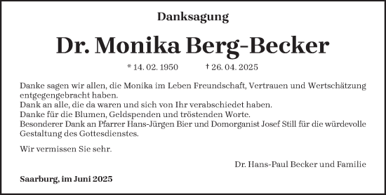 Todesanzeige von Monika Berg-Becker von trierischer_volksfreund