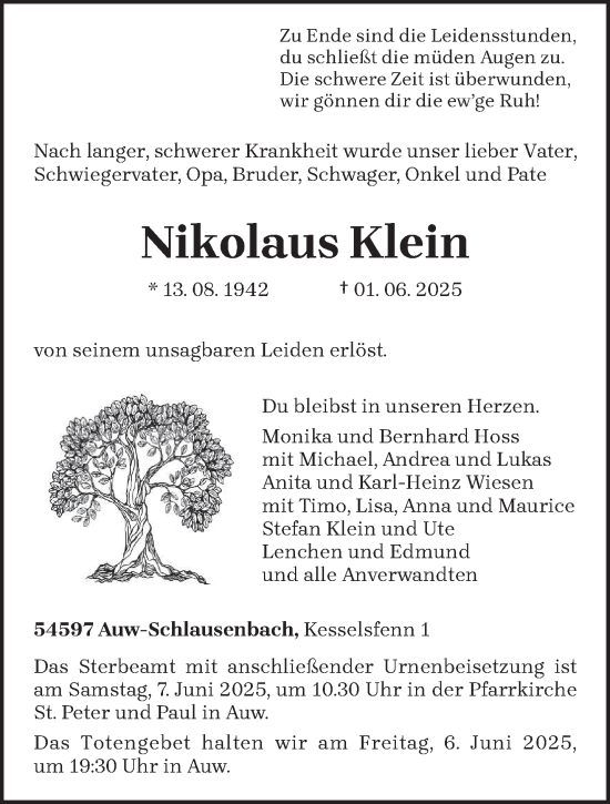 Todesanzeige von Nikolaus Klein von trierischer_volksfreund