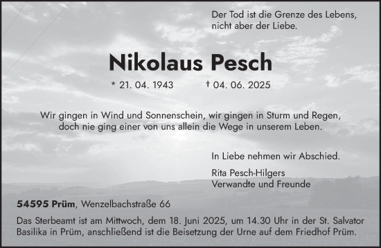 Todesanzeige von Nikolaus Pesch von trierischer_volksfreund