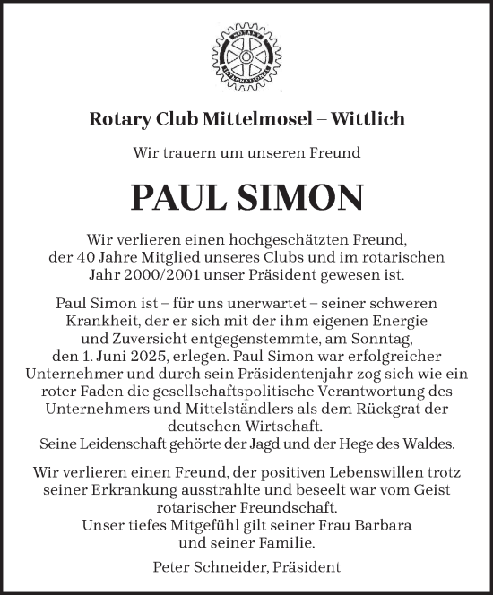 Todesanzeige von Paul Simon von trierischer_volksfreund