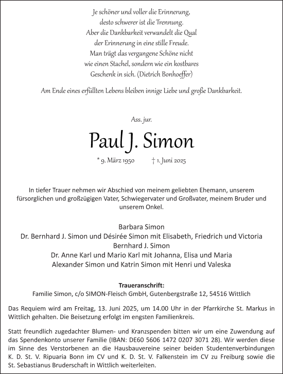 Todesanzeige von Paul J. Simon von trierischer_volksfreund