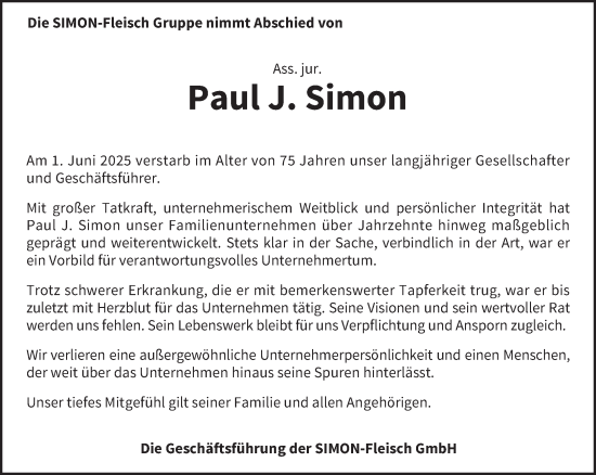 Todesanzeige von Paul J. Simon von trierischer_volksfreund