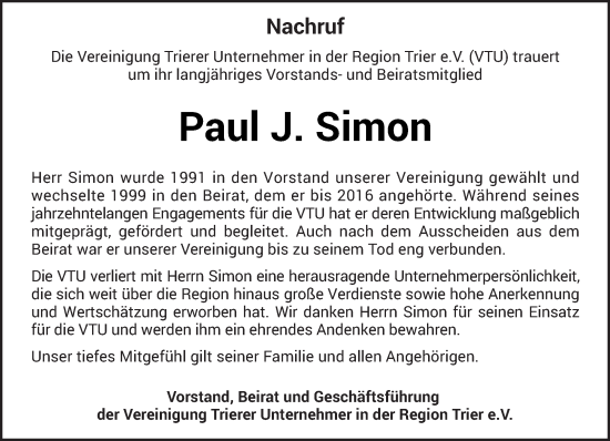 Todesanzeige von Paul J. Simon von trierischer_volksfreund