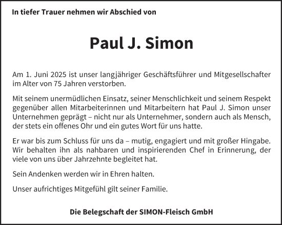 Todesanzeige von Paul J. Simon von trierischer_volksfreund