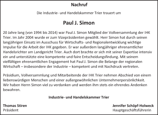 Todesanzeige von Paul J. Simon von trierischer_volksfreund