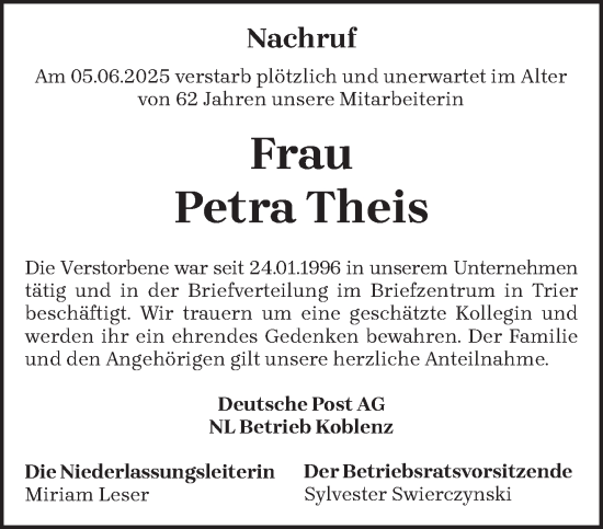 Todesanzeige von Petra Theis von trierischer_volksfreund