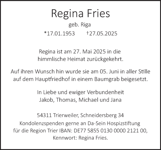 Todesanzeige von Regina Fries von trierischer_volksfreund