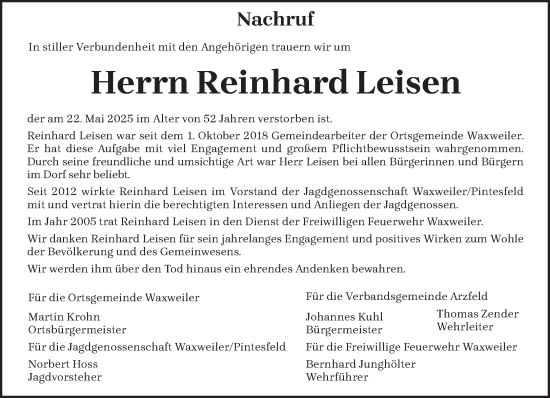 Todesanzeige von Reinhard Leisen von trierischer_volksfreund