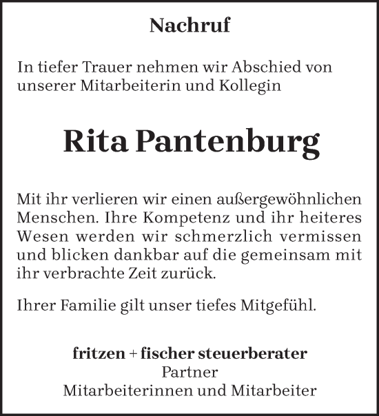Todesanzeige von Rita Pantenburg von trierischer_volksfreund