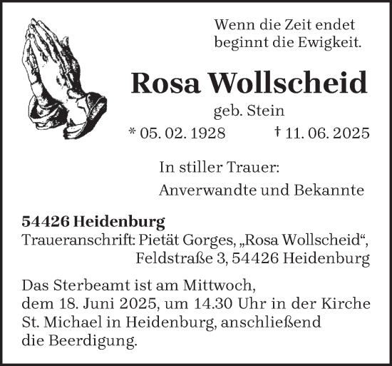Todesanzeige von Rosa Wollscheid von trierischer_volksfreund