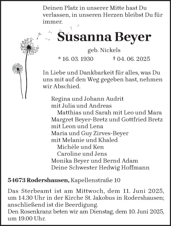 Todesanzeige von Susanna Beyer von trierischer_volksfreund
