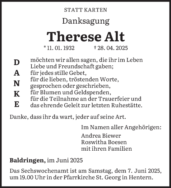 Todesanzeige von Therese Alt von trierischer_volksfreund