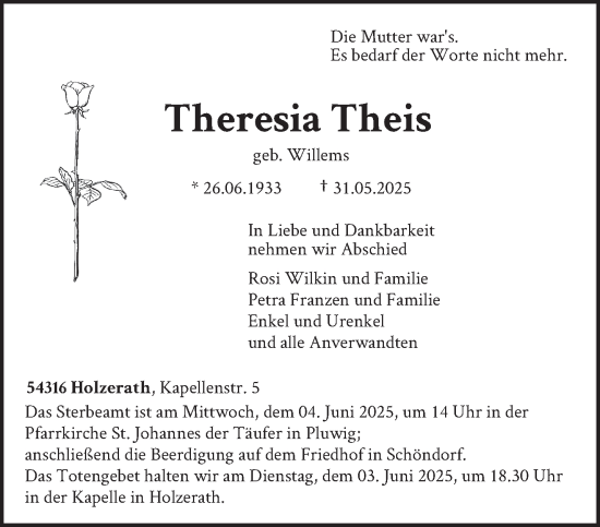 Todesanzeige von Theresia Theis von trierischer_volksfreund
