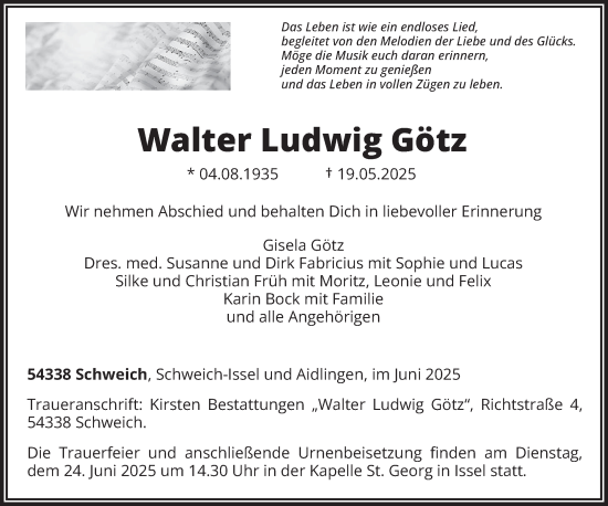 Todesanzeige von Walter Ludwig Götz von trierischer_volksfreund