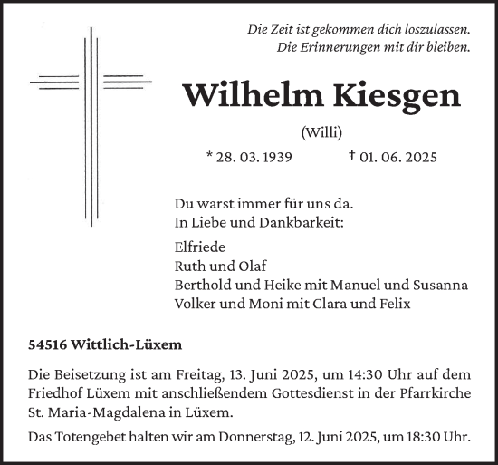 Todesanzeige von Wilhelm Kiesgen von trierischer_volksfreund