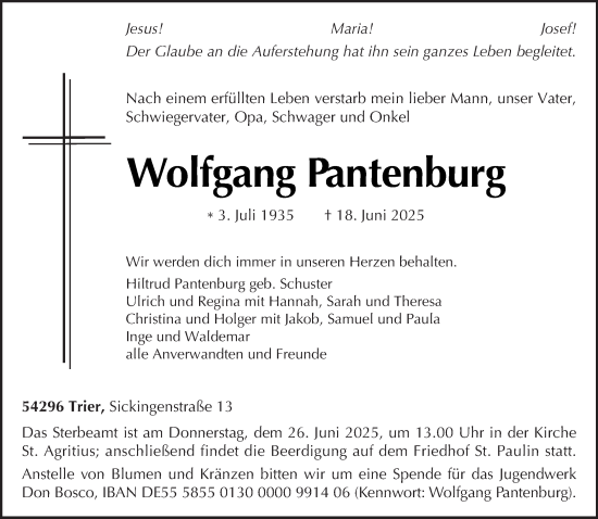 Todesanzeige von Wolfgang Pantenburg von trierischer_volksfreund