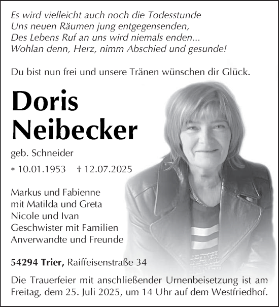 Todesanzeige von Doris Neibecker von trierischer_volksfreund