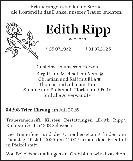 Todesanzeige von Edith Ripp von trierischer_volksfreund