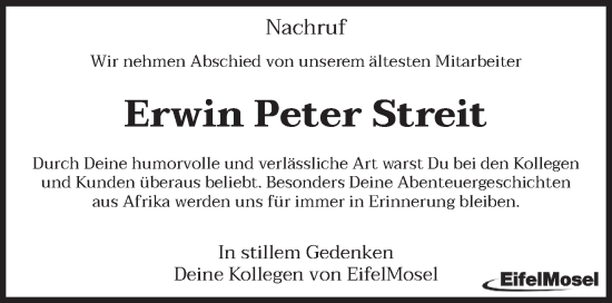 Todesanzeige von Erwin Peter Streit von trierischer_volksfreund
