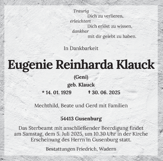 Todesanzeige von Eugenie Reinharda Klauck von trierischer_volksfreund