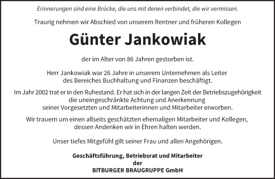 Todesanzeige von Günter Jankowiak von trierischer_volksfreund